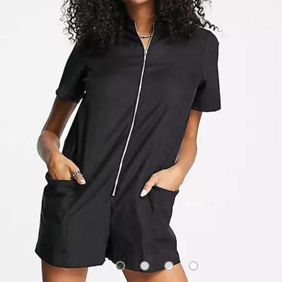 ASOS DESIGN zip front minimal romper in black cupro - Picture 1 of 6